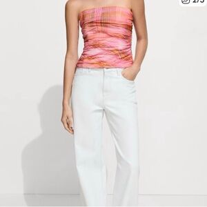 Mango Pink and Orange plaid Strapless Top